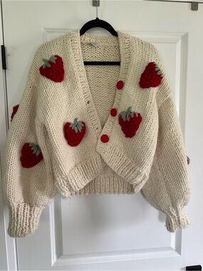 Handmade Cream Knit Cardigan Sweater with Red Strawberry Appliqués